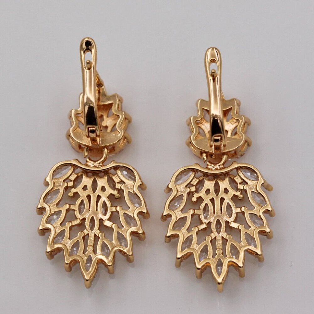 18K Yellow Gold Filled Multi Layer Flower Leaf Diamond Zircon Earrings Gorgeous - Picture 4 of 4